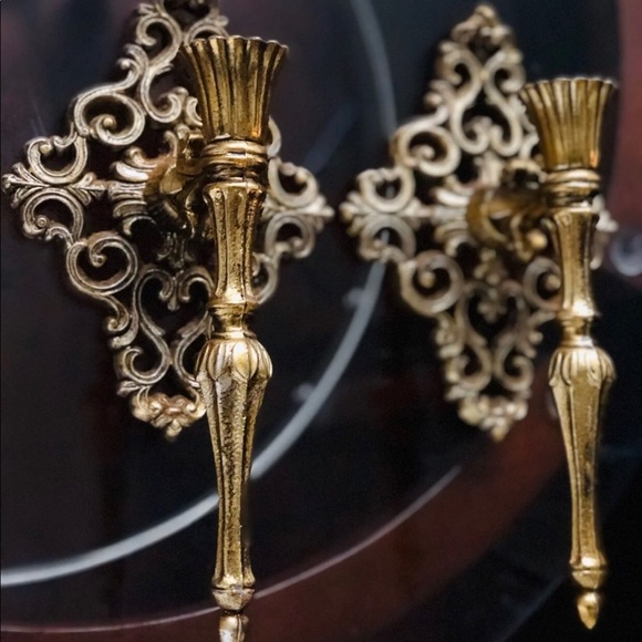 GORGEOUS VINTAGE ORNATE WALL CANDLE SCONCES MOODY MAXIMALISM - Picture 4 of 8